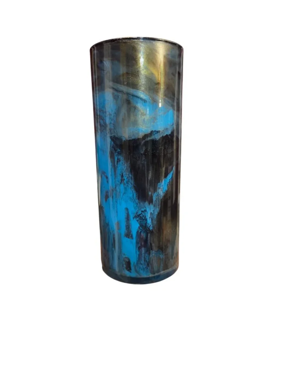Handpainted OOAK Acrylic Pour Cylinder Vase, Teal Blue Black Gold, Unique Art